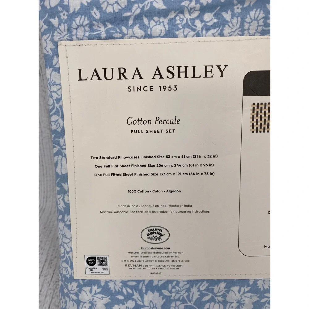 Laura Ashley Sheet Set FULL Blue White Floral Cotton Percale Heirloom Ditzy